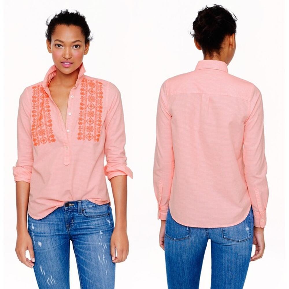 J.Crew Embroidered Long Sleeve Popover Shirt Top Neon Stripe Women's Size 4